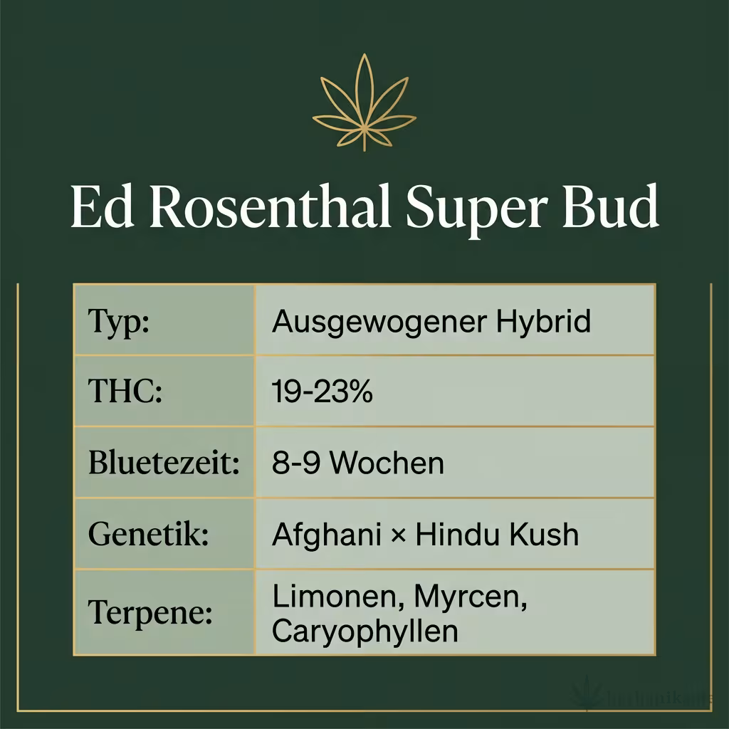 Infografik mit Ed Rosenthal Super Bud Key Facts: Typ Ausgewogener Hybrid, THC 19-23%, Bluetezeit 8-9 Wochen, Genetik Afghani × Hindu Kush und Terpene Limonen, Myrcen, Caryophyllen