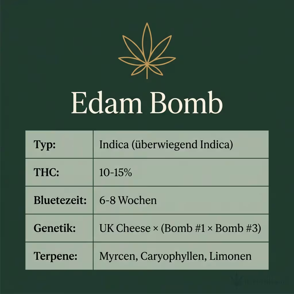 Infografik mit Edam Bomb Key Facts: Typ Indica (überwiegend Indica), THC 10-15%, Bluetezeit 6-8 Wochen, Genetik UK Cheese × (Bomb #1 × Bomb #3) und Terpene Myrcen, Caryophyllen, Limonen