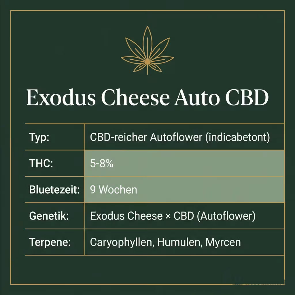Infografik mit Exodus Cheese Auto CBD Key Facts: Typ CBD-reicher Autoflower (indicabetont), THC 5-8%, Bluetezeit 9 Wochen, Genetik Exodus Cheese × CBD (Autoflower) und Terpene Caryophyllen, Humulen, Myrcen
