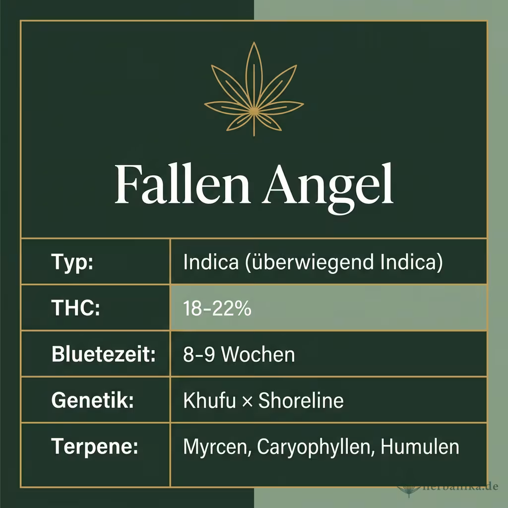 Infografik mit Fallen Angel Key Facts: Typ Indica (überwiegend Indica), THC 18-22%, Bluetezeit 8-9 Wochen, Genetik Khufu × Shoreline und Terpene Myrcen, Caryophyllen, Humulen