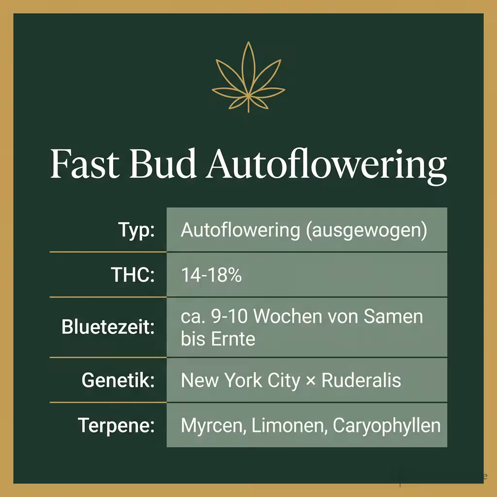 Infografik mit Fast Bud Autoflowering Key Facts: Typ Autoflowering (ausgewogen), THC 14-18%, Bluetezeit ca. 9-10 Wochen von Samen bis Ernte, Genetik New York City × Ruderalis und Terpene Myrcen, Limonen, Caryophyllen