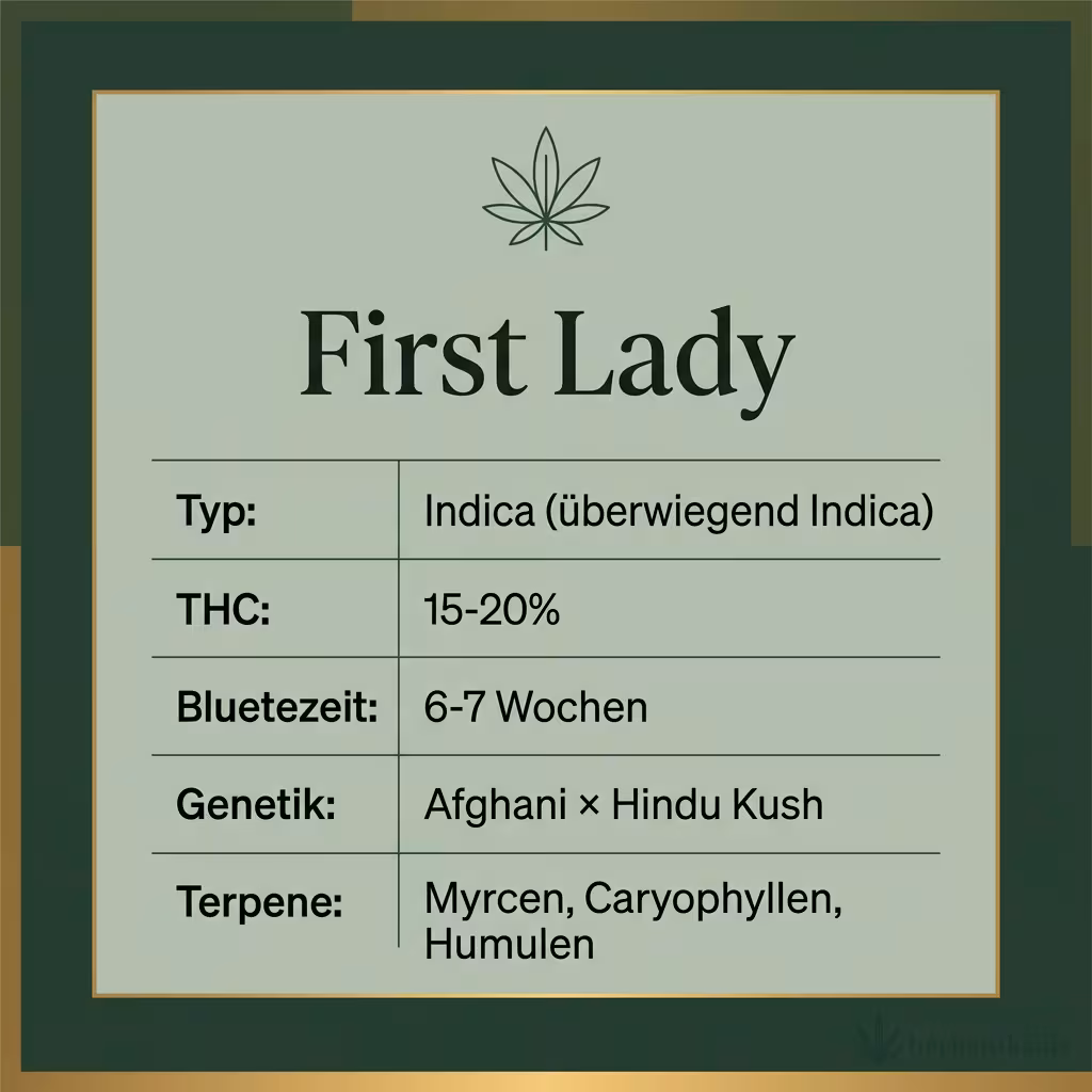 Infografik mit First Lady Key Facts: Typ Indica (überwiegend Indica), THC 15-20%, Bluetezeit 6-7 Wochen, Genetik Afghani × Hindu Kush und Terpene Myrcen, Caryophyllen, Humulen