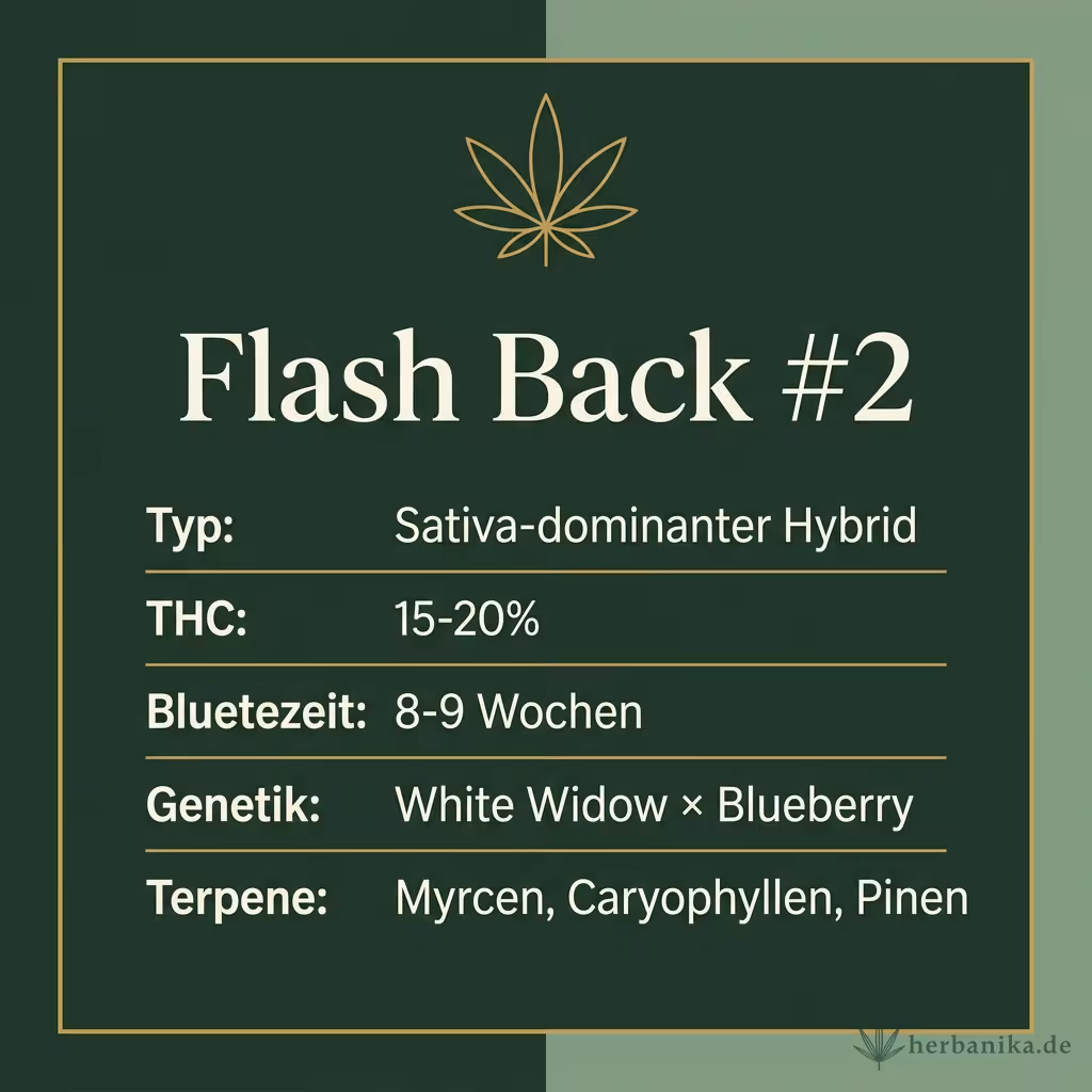 Infografik mit Flash Back #2 Key Facts: Typ Sativa-dominanter Hybrid, THC 15-20%, Bluetezeit 8-9 Wochen, Genetik White Widow × Blueberry und Terpene Myrcen, Caryophyllen, Pinen