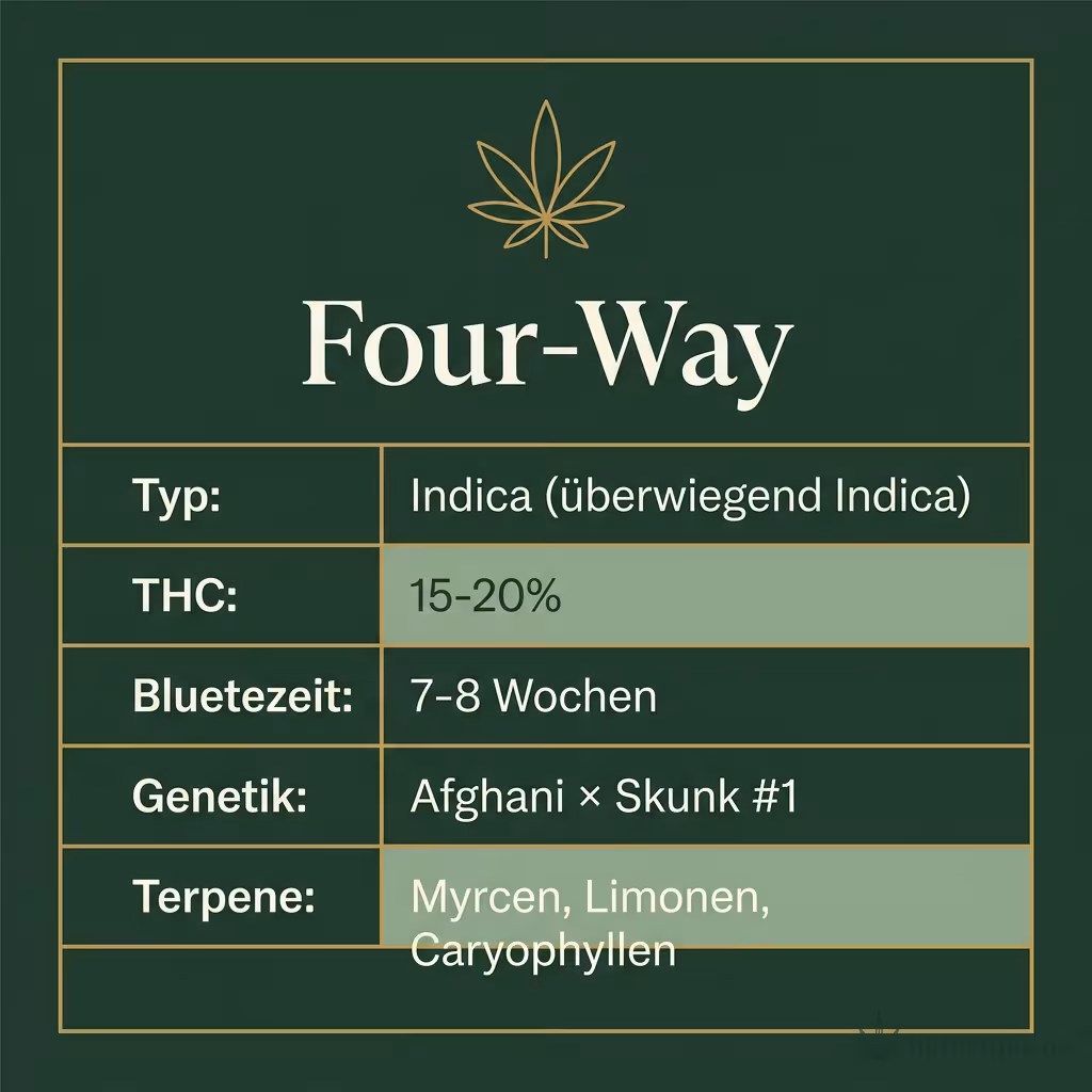 Infografik mit Four-Way Key Facts: Typ Indica (überwiegend Indica), THC 15-20%, Bluetezeit 7-8 Wochen, Genetik Afghani × Skunk #1 und Terpene Myrcen, Limonen, Caryophyllen
