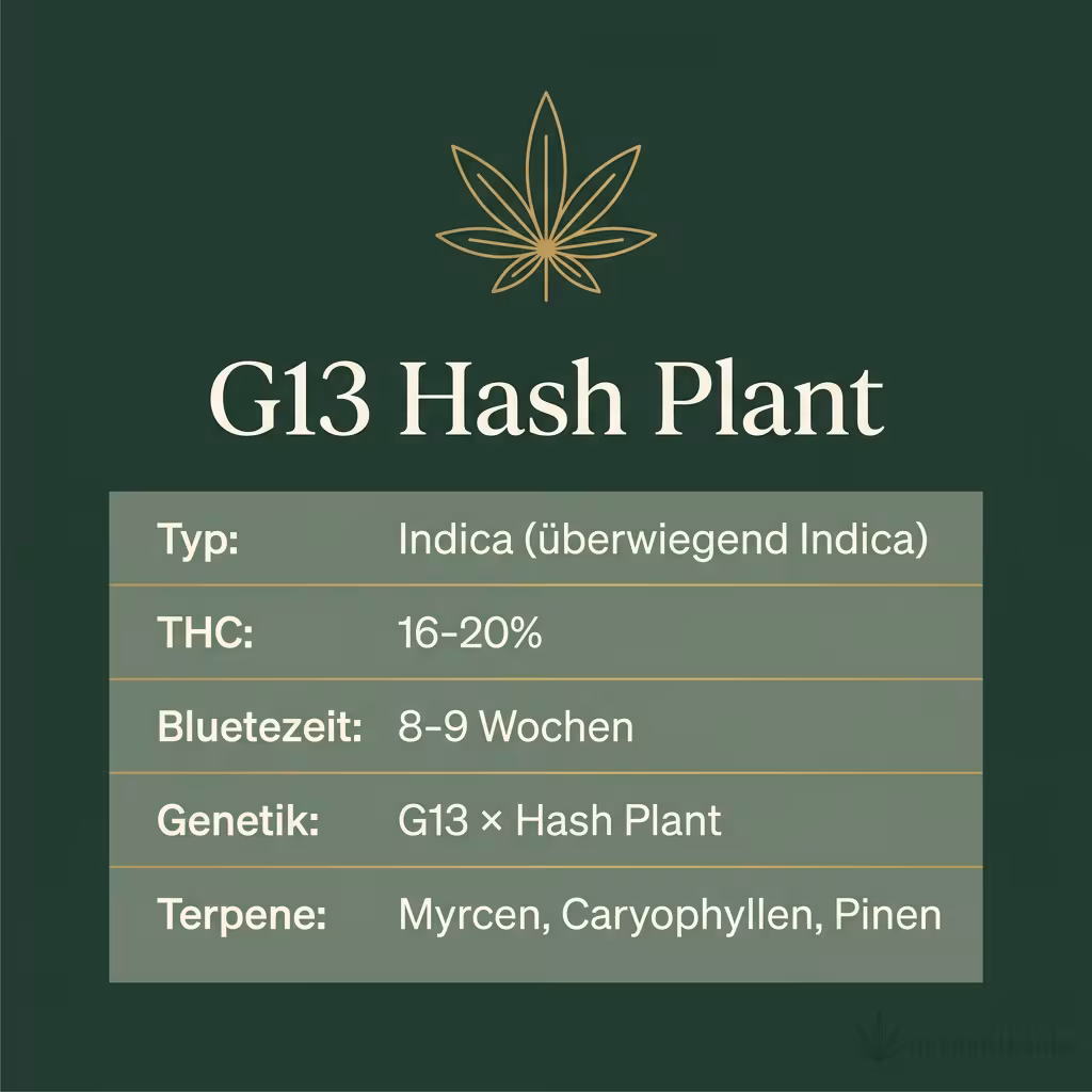 Infografik mit G13 Hash Plant Key Facts: Typ Indica (überwiegend Indica), THC 16-20%, Bluetezeit 8-9 Wochen, Genetik G13 × Hash Plant und Terpene Myrcen, Caryophyllen, Pinen