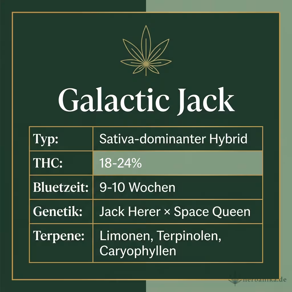 Infografik mit Galactic Jack Key Facts: Typ Sativa-dominanter Hybrid, THC 18-24%, Bluetezeit 9-10 Wochen, Genetik Jack Herer × Space Queen und Terpene Limonen, Terpinolen, Caryophyllen