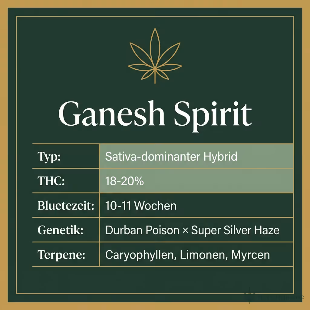Infografik mit Ganesh Spirit Key Facts: Typ Sativa-dominanter Hybrid, THC 18-20%, Bluetezeit 10-11 Wochen, Genetik Durban Poison × Super Silver Haze und Terpene Caryophyllen, Limonen, Myrcen