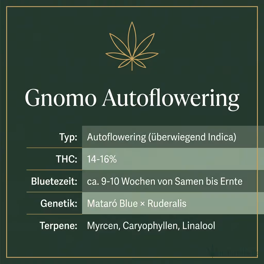 Infografik mit Gnomo Autoflowering Key Facts: Typ Autoflowering (überwiegend Indica), THC 14-16%, Bluetezeit ca. 9-10 Wochen von Samen bis Ernte, Genetik Mataró Blue × Ruderalis und Terpene Myrcen, Caryophyllen, Linalool
