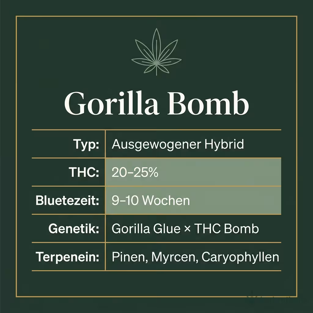 Infografik mit Gorilla Bomb Key Facts: Typ Ausgewogener Hybrid, THC 20-25%, Bluetezeit 9-10 Wochen, Genetik Gorilla Glue × THC Bomb und Terpene Pinen, Myrcen, Caryophyllen