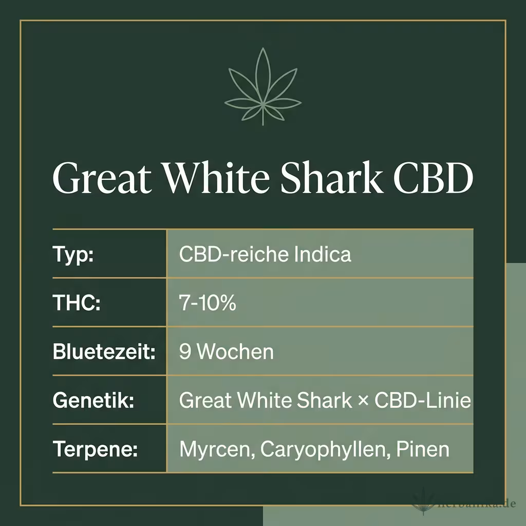 Infografik mit Great White Shark CBD Key Facts: Typ CBD-reiche Indica, THC 7-10%, Bluetezeit 9 Wochen, Genetik Great White Shark × CBD-Linie und Terpene Myrcen, Caryophyllen, Pinen