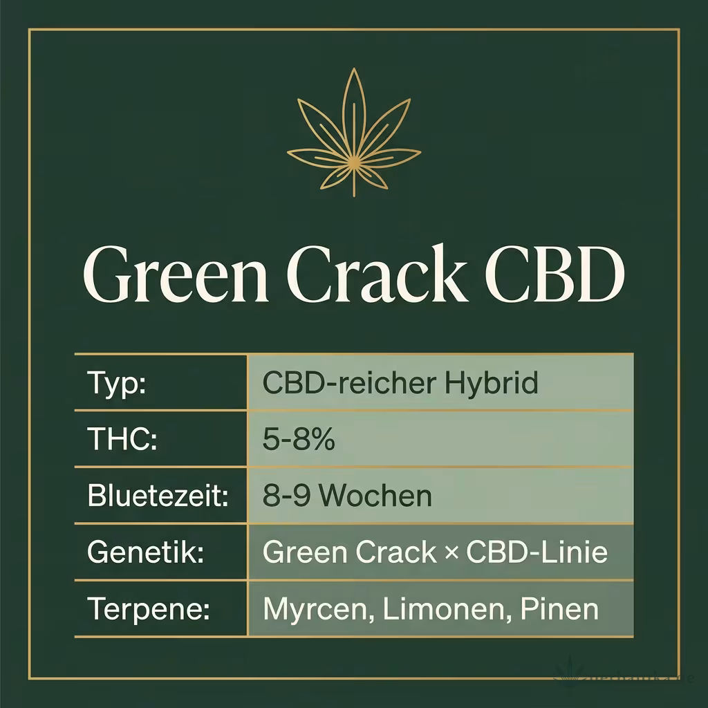 Infografik mit Green Crack CBD Key Facts: Typ CBD-reicher Hybrid, THC 5-8%, Bluetezeit 8-9 Wochen, Genetik Green Crack × CBD-Linie und Terpene Myrcen, Limonen, Pinen