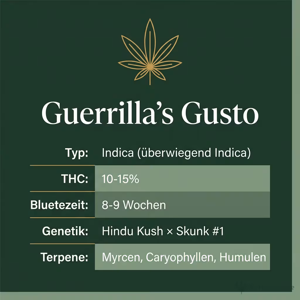 Infografik mit Guerrilla's Gusto Key Facts: Typ Indica (überwiegend Indica), THC 10-15%, Bluetezeit 8-9 Wochen, Genetik Hindu Kush × Skunk #1 und Terpene Myrcen, Caryophyllen, Humulen