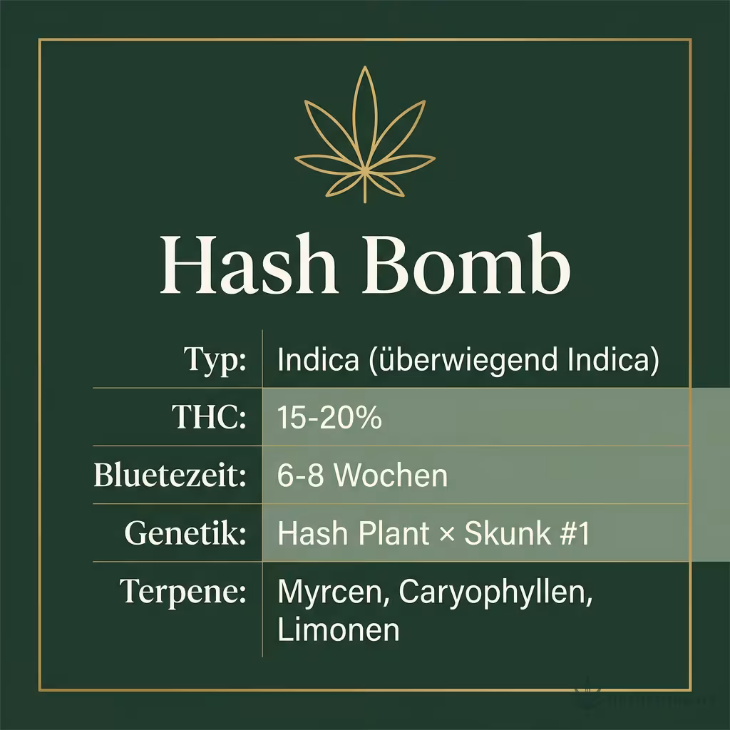 Infografik mit Hash Bomb Key Facts: Typ Indica (überwiegend Indica), THC 15-20%, Bluetezeit 6-8 Wochen, Genetik Hash Plant × Skunk #1 und Terpene Myrcen, Caryophyllen, Limonen