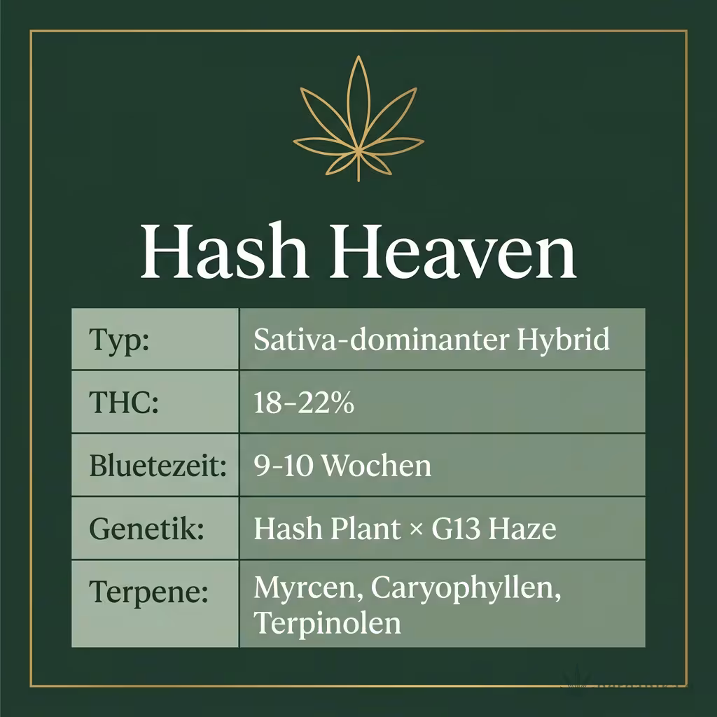 Infografik mit Hash Heaven Key Facts: Typ Sativa-dominanter Hybrid, THC 18-22%, Bluetezeit 9-10 Wochen, Genetik Hash Plant × G13 Haze und Terpene Myrcen, Caryophyllen, Terpinolen