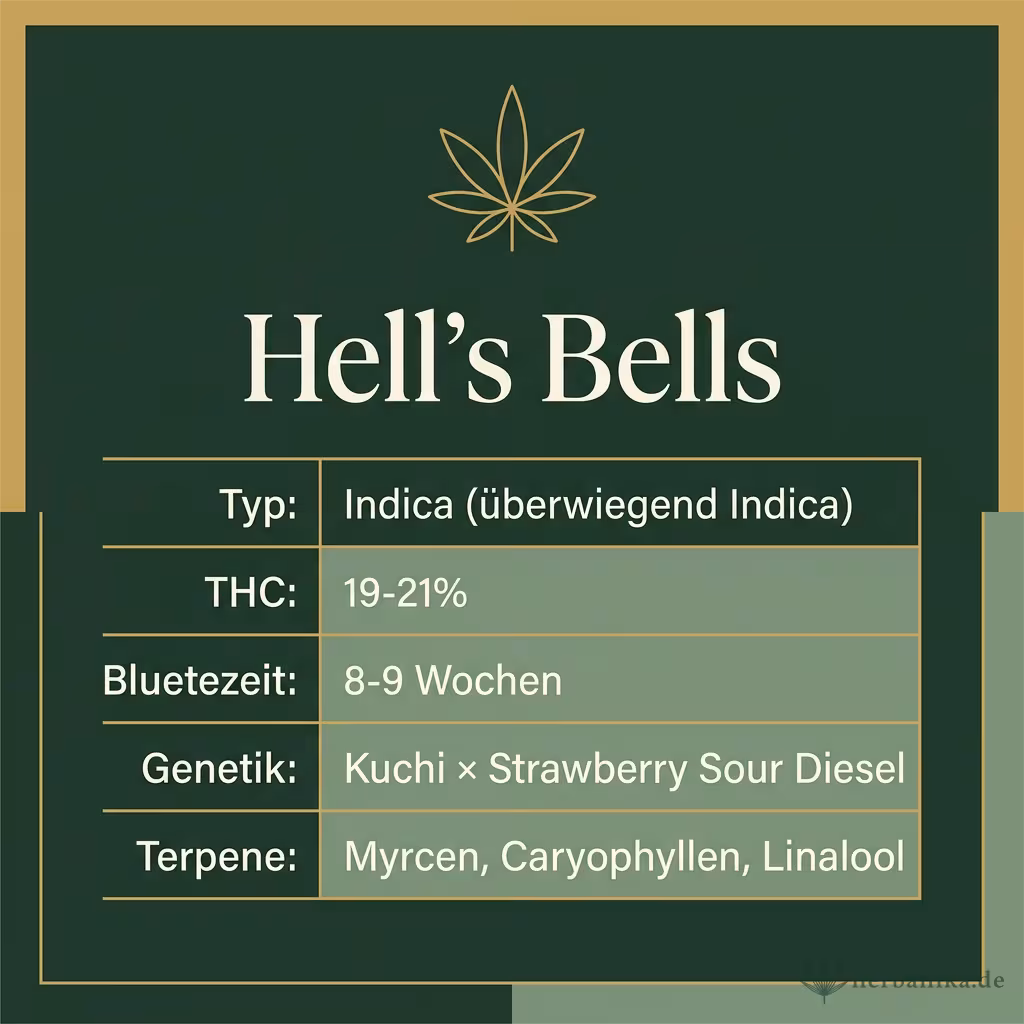 Infografik mit Hell's Bells Key Facts: Typ Indica (überwiegend Indica), THC 19-21%, Bluetezeit 8-9 Wochen, Genetik Kuchi × Strawberry Sour Diesel und Terpene Myrcen, Caryophyllen, Linalool