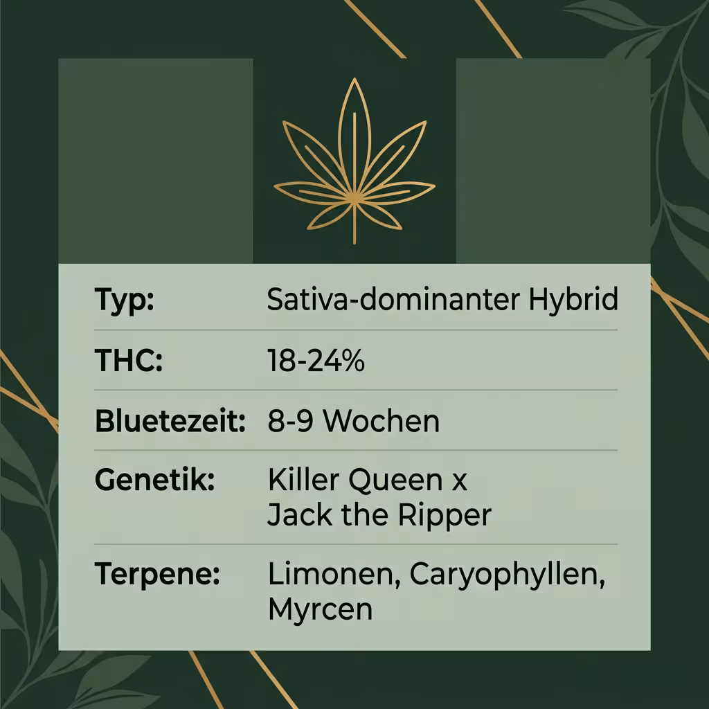 Infografik mit Jack Skellington Key Facts: Typ Sativa-dominanter Hybrid, THC 18-24%, Bluetezeit 8-9 Wochen, Genetik Killer Queen × Jack the Ripper und Terpene Limonen, Caryophyllen, Myrcen