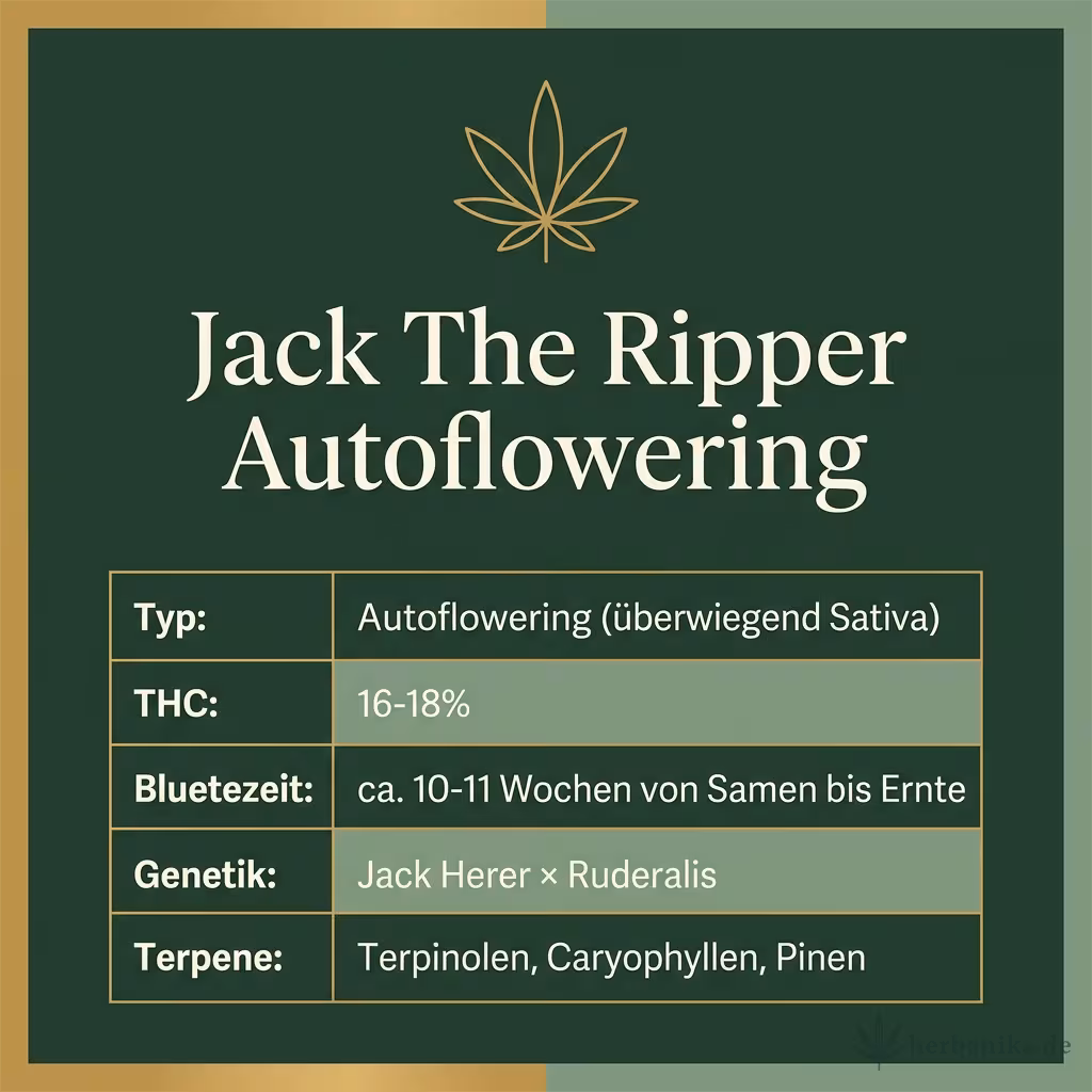 Infografik mit Jack The Ripper Autoflowering Key Facts: Typ Autoflowering (überwiegend Sativa), THC 16-18%, Bluetezeit ca. 10-11 Wochen von Samen bis Ernte, Genetik Jack Herer × Ruderalis und Terpene Terpinolen, Caryophyllen, Pinen