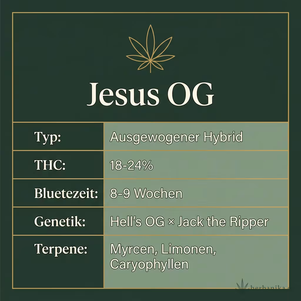 Infografik mit Jesus OG Key Facts: Typ Ausgewogener Hybrid, THC 18-24%, Bluetezeit 8-9 Wochen, Genetik Hell's OG × Jack the Ripper und Terpene Myrcen, Limonen, Caryophyllen