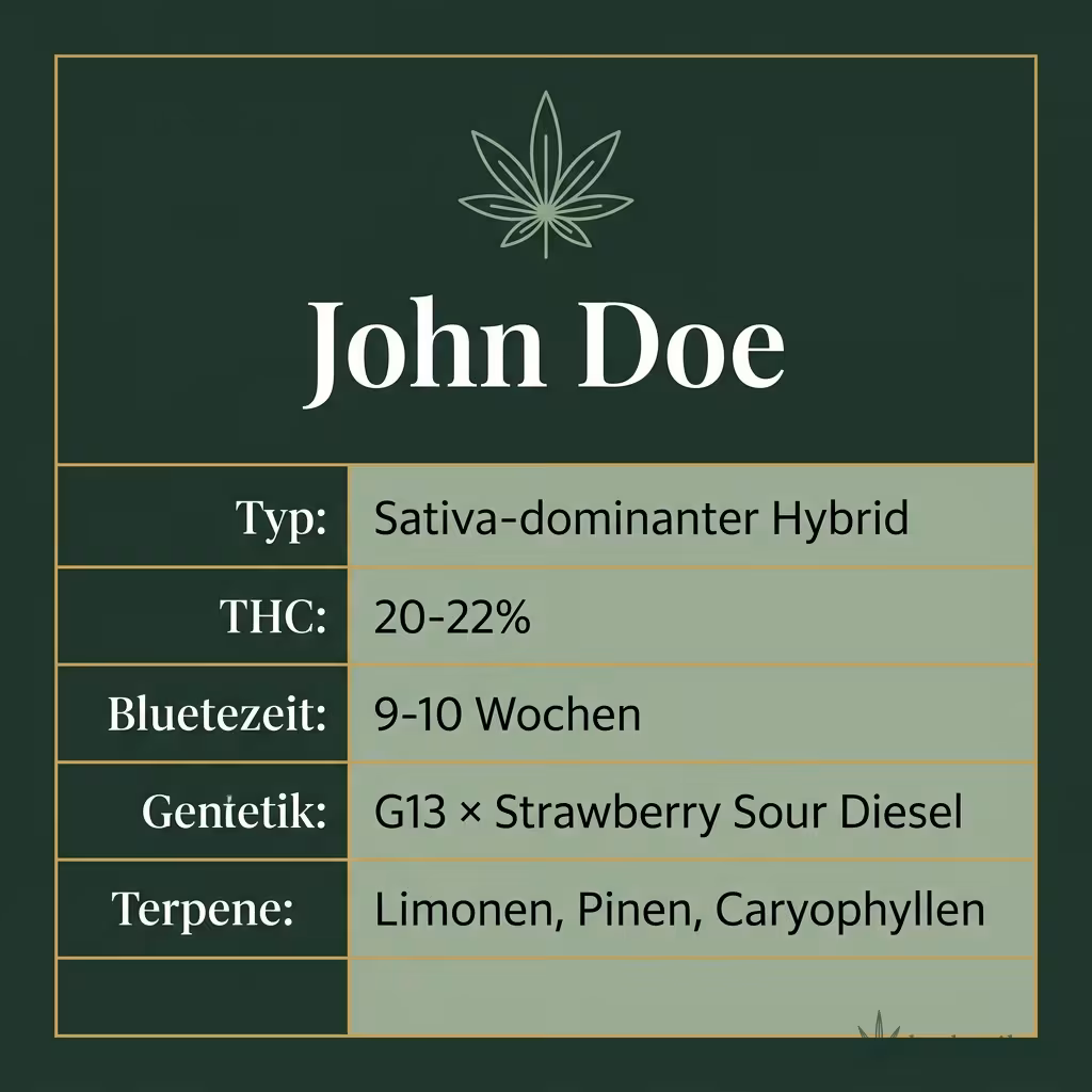 Infografik mit John Doe Key Facts: Typ Sativa-dominanter Hybrid, THC 20-22%, Bluetezeit 9-10 Wochen, Genetik G13 × Strawberry Sour Diesel und Terpene Limonen, Pinen, Caryophyllen