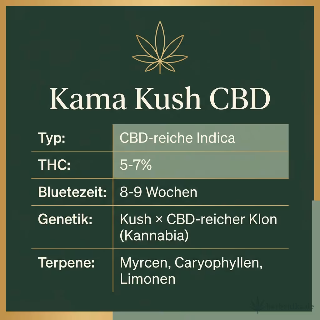Infografik mit Kama Kush CBD Key Facts: Typ CBD-reiche Indica, THC 5-7%, Bluetezeit 8-9 Wochen, Genetik Kush × CBD-reicher Klon (Kannabia) und Terpene Myrcen, Caryophyllen, Limonen