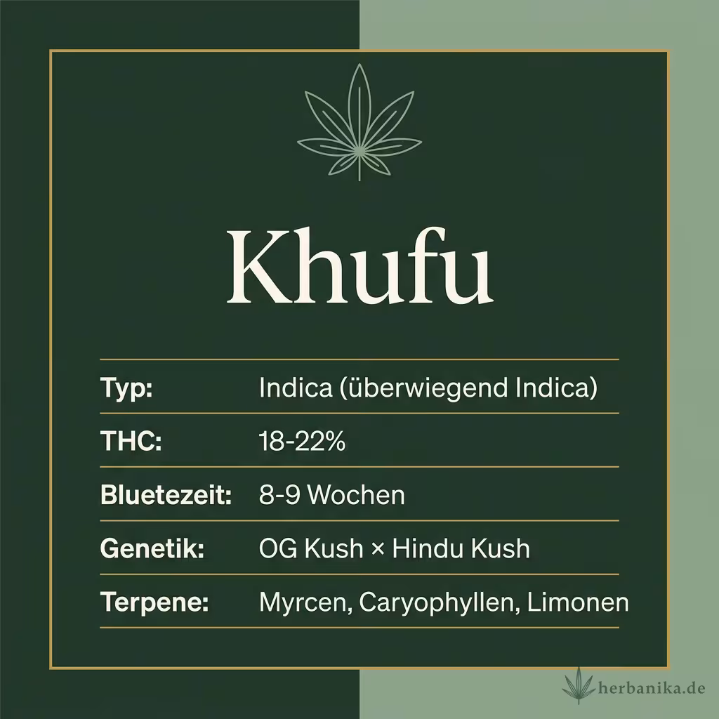 Infografik mit Khufu Key Facts: Typ Indica (überwiegend Indica), THC 18-22%, Bluetezeit 8-9 Wochen, Genetik OG Kush × Hindu Kush und Terpene Myrcen, Caryophyllen, Limonen