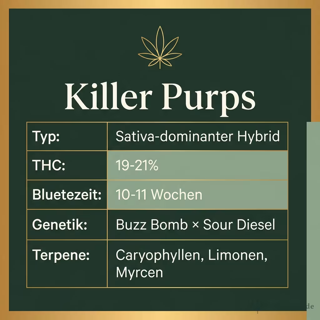 Infografik mit Killer Purps Key Facts: Typ Sativa-dominanter Hybrid, THC 19-21%, Bluetezeit 10-11 Wochen, Genetik Buzz Bomb × Sour Diesel und Terpene Caryophyllen, Limonen, Myrcen