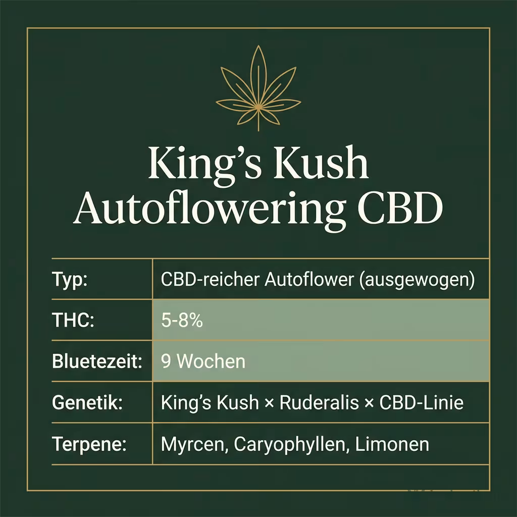 Infografik mit King's Kush Autoflowering CBD Key Facts: Typ CBD-reicher Autoflower (ausgewogen), THC 5-8%, Bluetezeit 9 Wochen, Genetik King's Kush × Ruderalis × CBD-Linie und Terpene Myrcen, Caryophyllen, Limonen