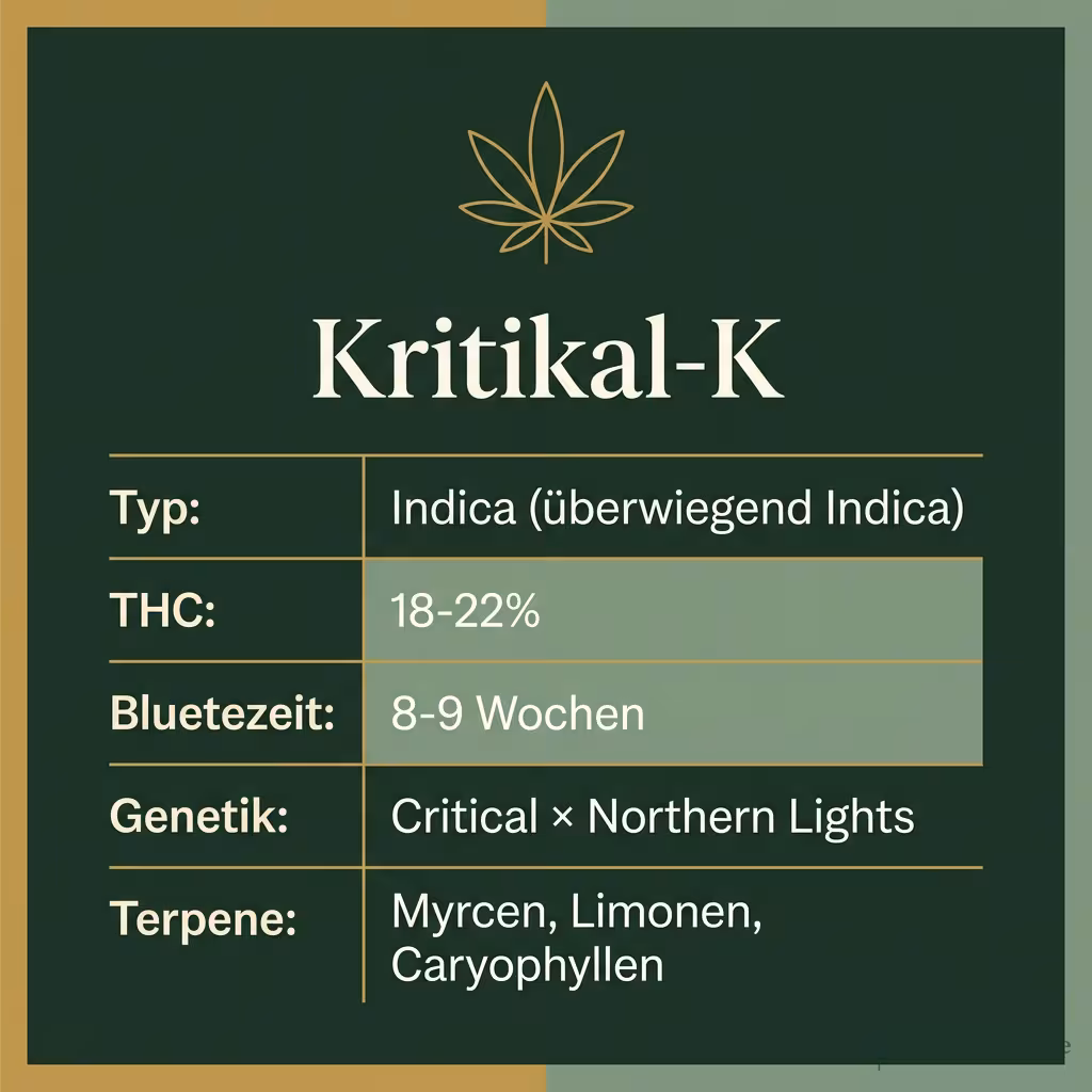 Infografik mit Kritikal-K Key Facts: Typ Indica (überwiegend Indica), THC 18-22%, Bluetezeit 8-9 Wochen, Genetik Critical × Northern Lights und Terpene Myrcen, Limonen, Caryophyllen