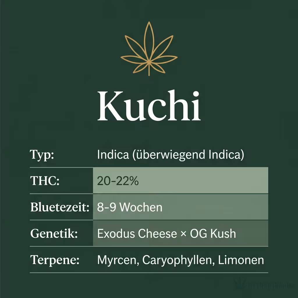 Infografik mit Kuchi Key Facts: Typ Indica (überwiegend Indica), THC 20-22%, Bluetezeit 8-9 Wochen, Genetik Exodus Cheese × OG Kush und Terpene Myrcen, Caryophyllen, Limonen