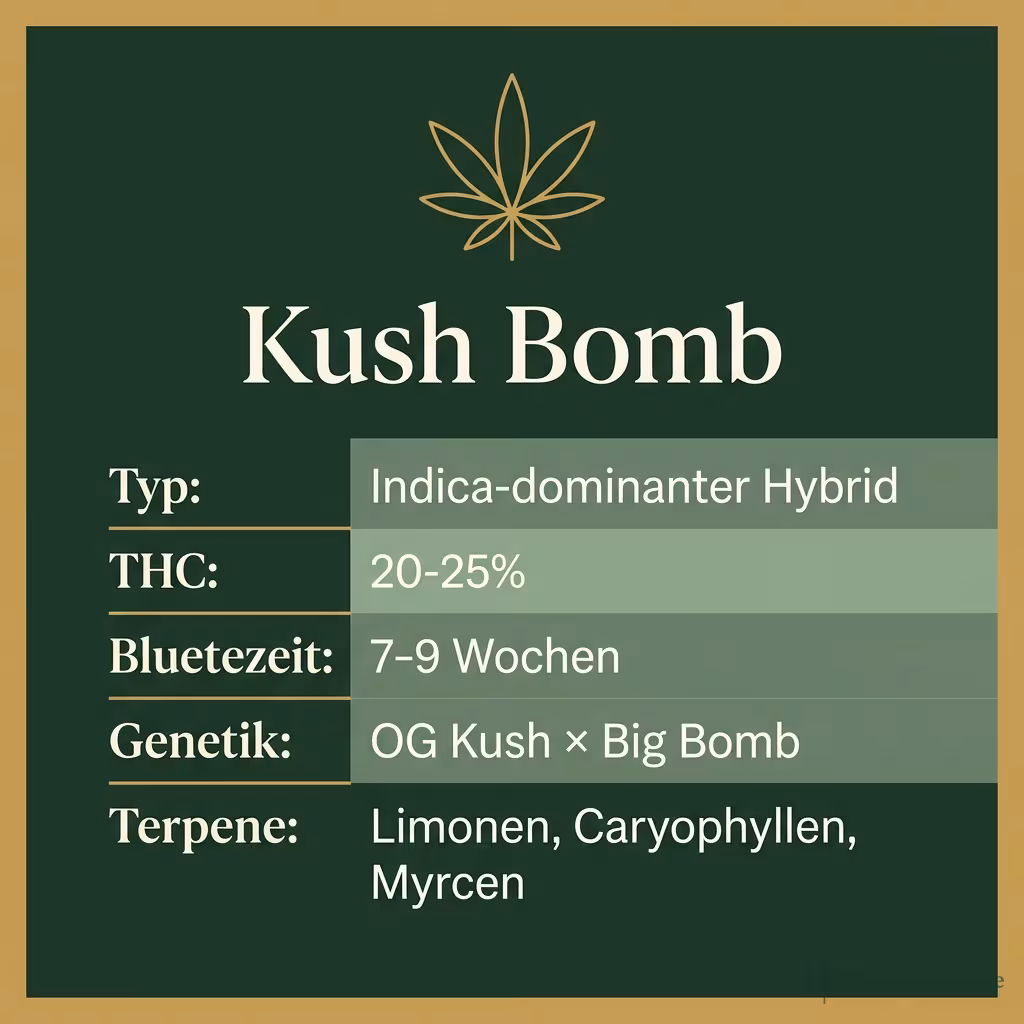 Infografik mit Kush Bomb Key Facts: Typ Indica-dominanter Hybrid, THC 20-25%, Bluetezeit 7-9 Wochen, Genetik OG Kush × Big Bomb und Terpene Limonen, Caryophyllen, Myrcen