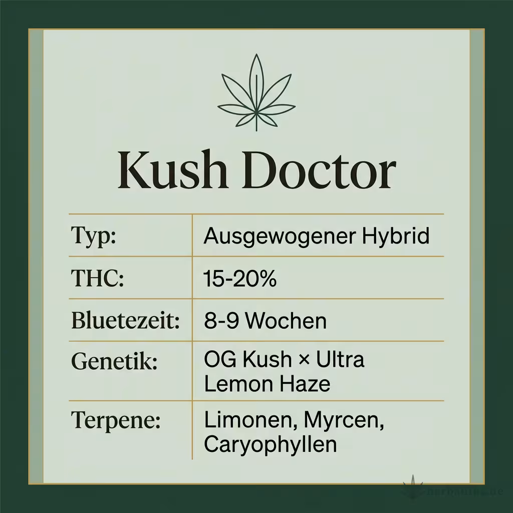 Infografik mit Kush Doctor Key Facts: Typ Ausgewogener Hybrid, THC 15-20%, Bluetezeit 8-9 Wochen, Genetik OG Kush × Ultra Lemon Haze und Terpene Limonen, Myrcen, Caryophyllen