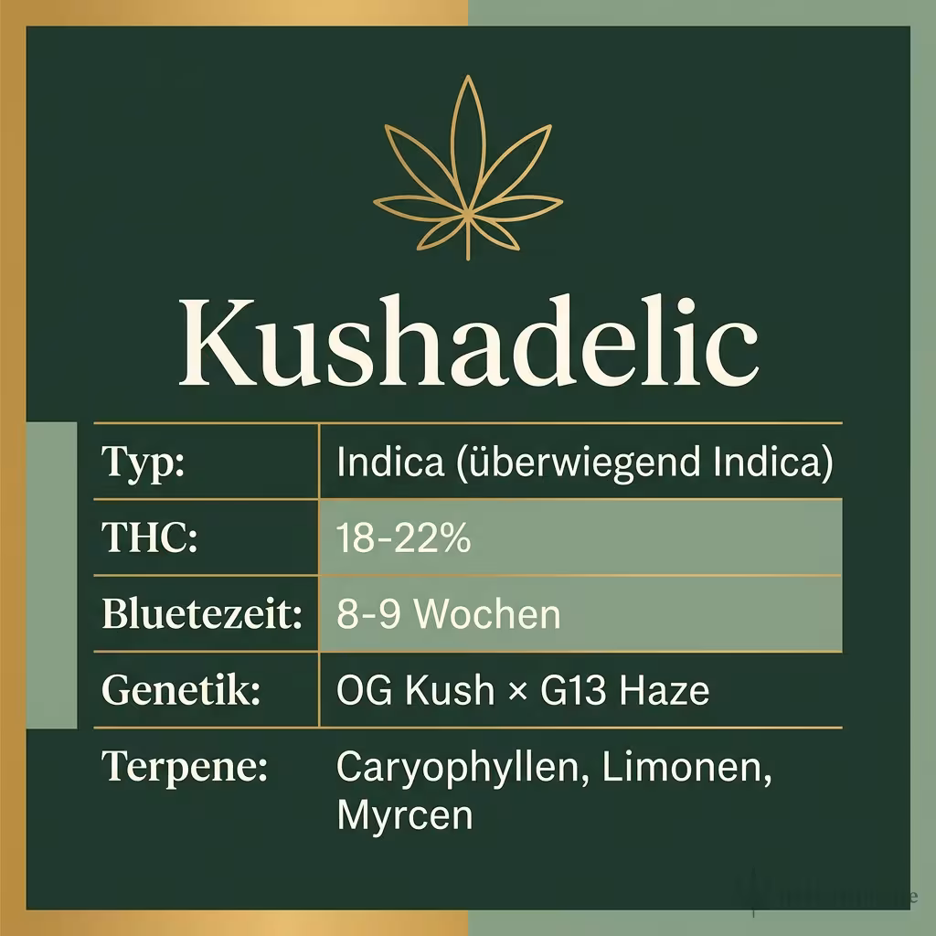 Infografik mit Kushadelic Key Facts: Typ Indica (überwiegend Indica), THC 18-22%, Bluetezeit 8-9 Wochen, Genetik OG Kush × G13 Haze und Terpene Caryophyllen, Limonen, Myrcen