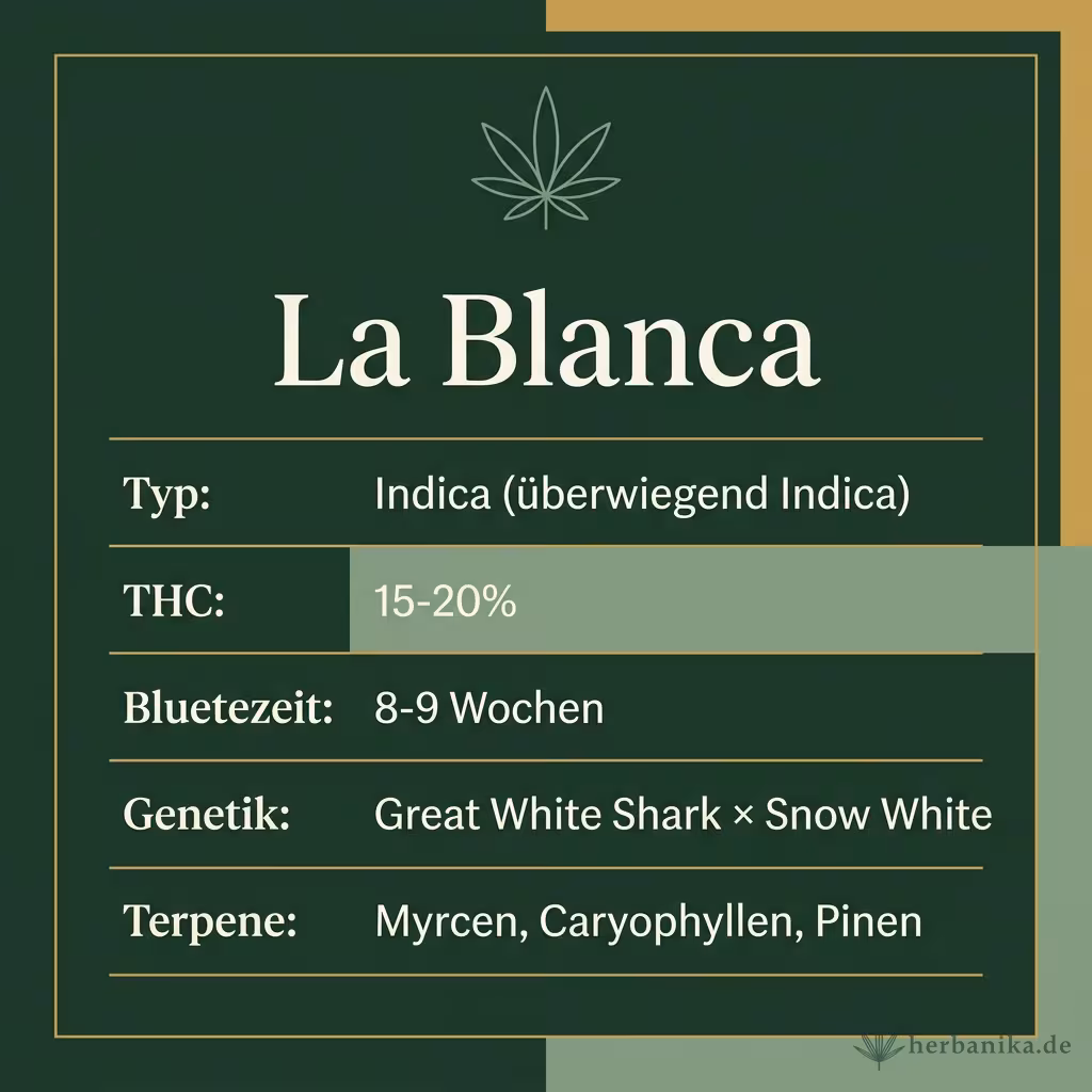 Infografik mit La Blanca Key Facts: Typ Indica (überwiegend Indica), THC 15-20%, Bluetezeit 8-9 Wochen, Genetik Great White Shark × Snow White und Terpene Myrcen, Caryophyllen, Pinen