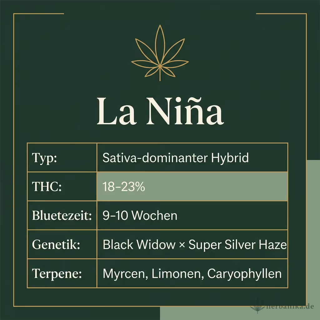 Infografik mit La Niña Key Facts: Typ Sativa-dominanter Hybrid, THC 18-23%, Bluetezeit 9-10 Wochen, Genetik Black Widow × Super Silver Haze und Terpene Myrcen, Limonen, Caryophyllen
