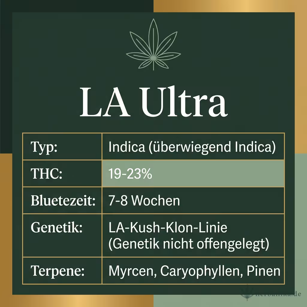 Infografik mit LA Ultra Key Facts: Typ Indica (überwiegend Indica), THC 19-23%, Bluetezeit 7-8 Wochen, Genetik LA-Kush-Klon-Linie (Genetik nicht offengelegt) und Terpene Myrcen, Caryophyllen, Pinen
