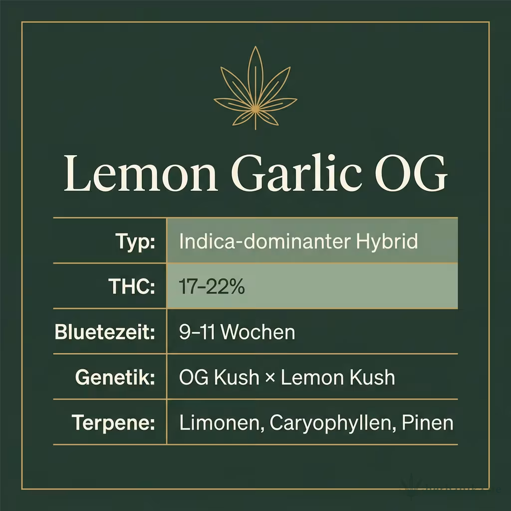 Infografik mit Lemon Garlic OG Key Facts: Typ Indica-dominanter Hybrid, THC 17-22%, Bluetezeit 9-11 Wochen, Genetik OG Kush × Lemon Kush und Terpene Limonen, Caryophyllen, Pinen