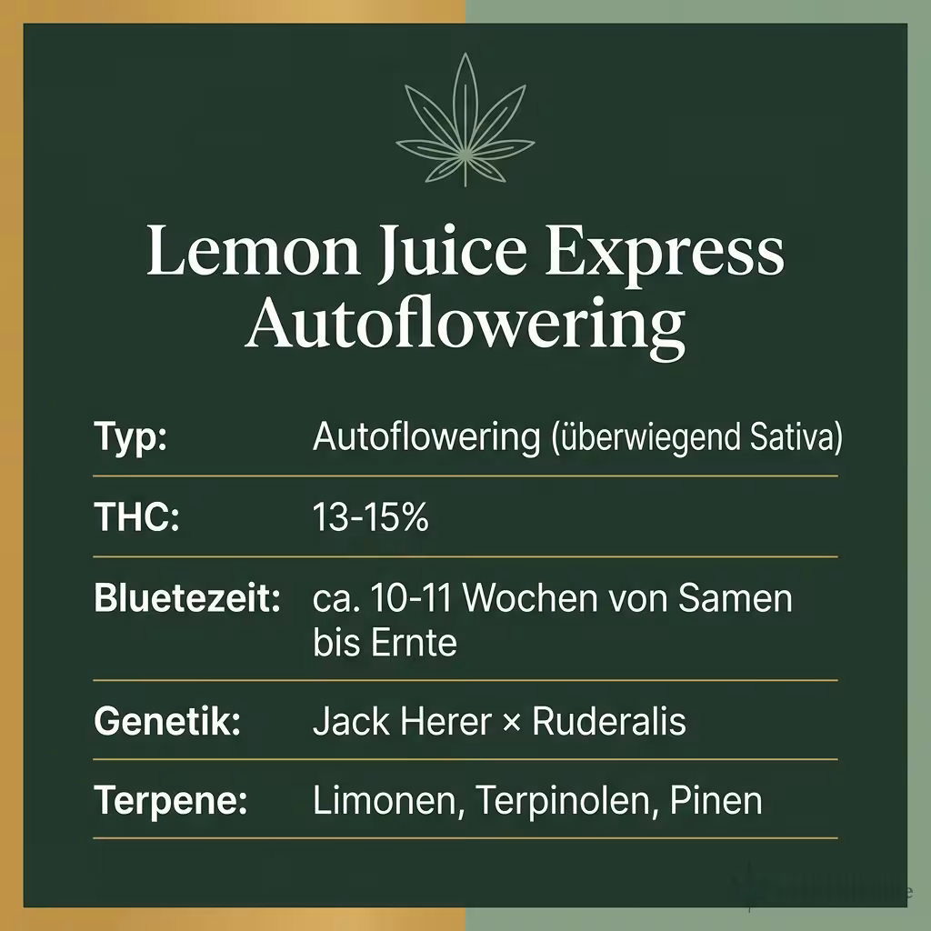 Infografik mit Lemon Juice Express Autoflowering Key Facts: Typ Autoflowering (überwiegend Sativa), THC 13-15%, Bluetezeit ca. 10-11 Wochen von Samen bis Ernte, Genetik Jack Herer × Ruderalis und Terpene Limonen, Terpinolen, Pinen