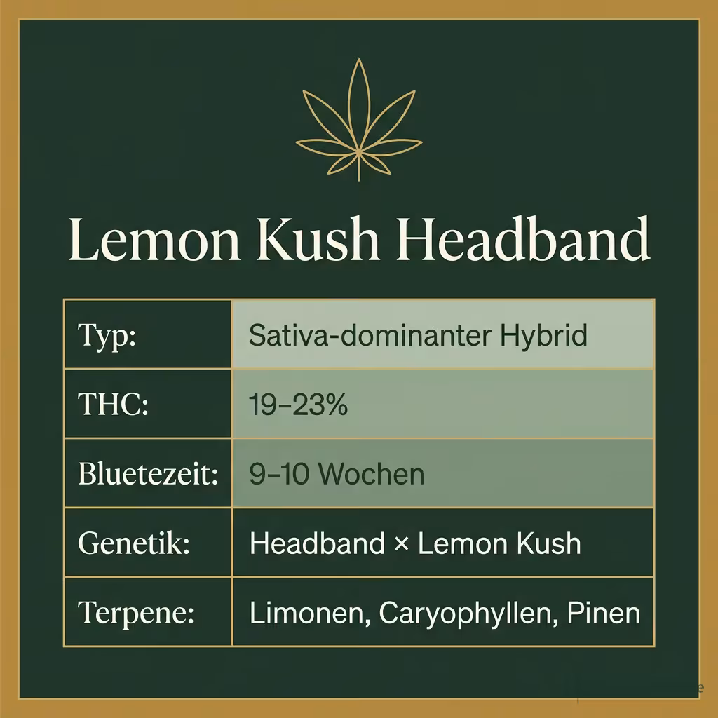 Infografik mit Lemon Kush Headband Key Facts: Typ Sativa-dominanter Hybrid, THC 19-23%, Bluetezeit 9-10 Wochen, Genetik Headband × Lemon Kush und Terpene Limonen, Caryophyllen, Pinen
