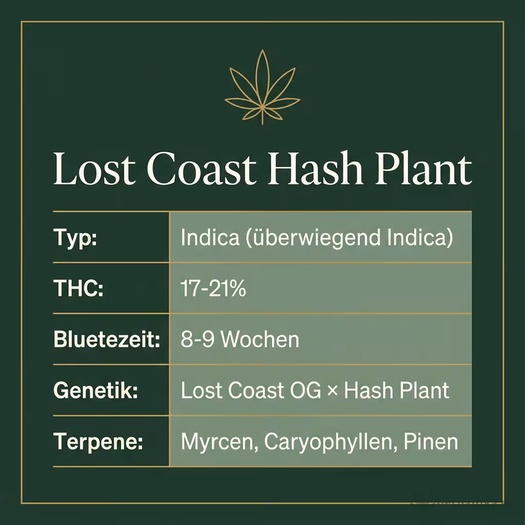 Infografik mit Lost Coast Hash Plant Key Facts: Typ Indica (überwiegend Indica), THC 17-21%, Bluetezeit 8-9 Wochen, Genetik Lost Coast OG × Hash Plant und Terpene Myrcen, Caryophyllen, Pinen