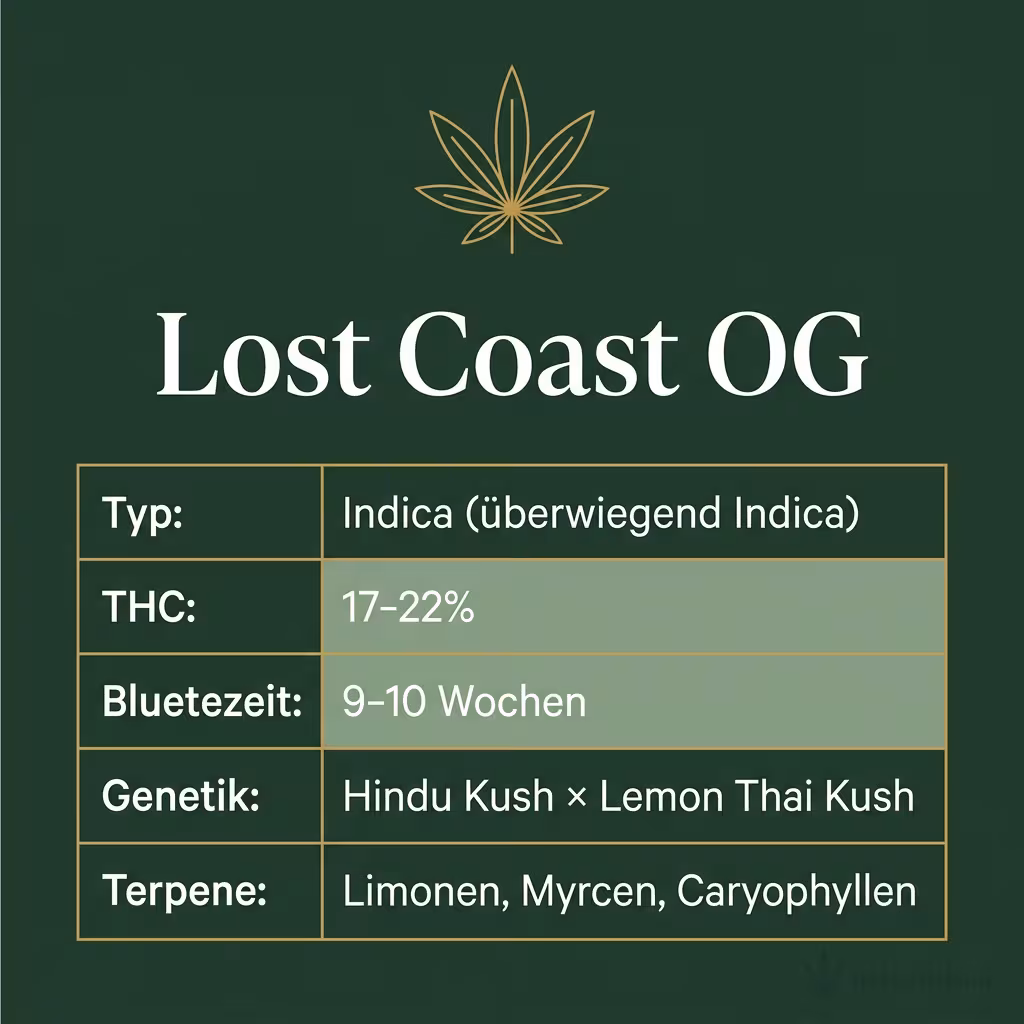 Infografik mit Lost Coast OG Key Facts: Typ Indica (überwiegend Indica), THC 17-22%, Bluetezeit 9-10 Wochen, Genetik Hindu Kush × Lemon Thai Kush und Terpene Limonen, Myrcen, Caryophyllen
