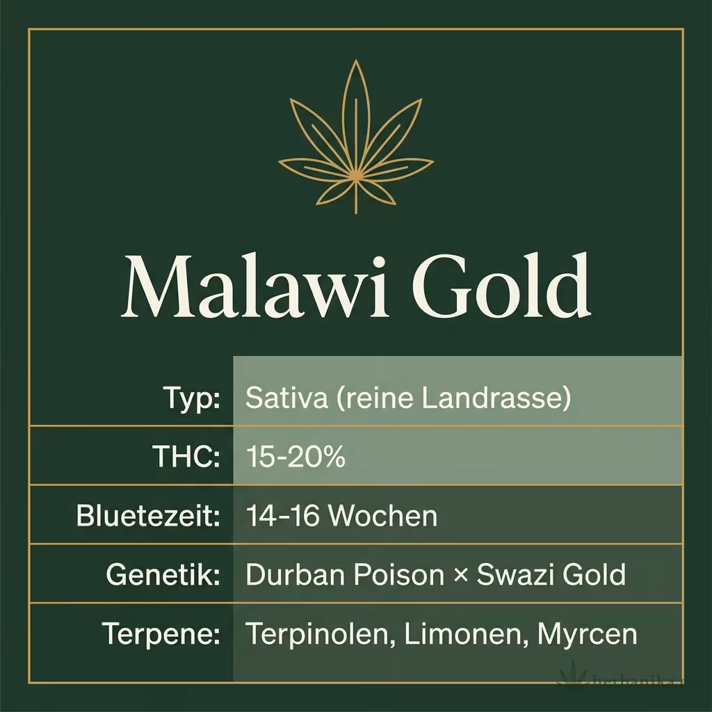 Infografik mit Malawi Gold Key Facts: Typ Sativa (reine Landrasse), THC 15-20%, Bluetezeit 14-16 Wochen, Genetik Durban Poison × Swazi Gold und Terpene Terpinolen, Limonen, Myrcen