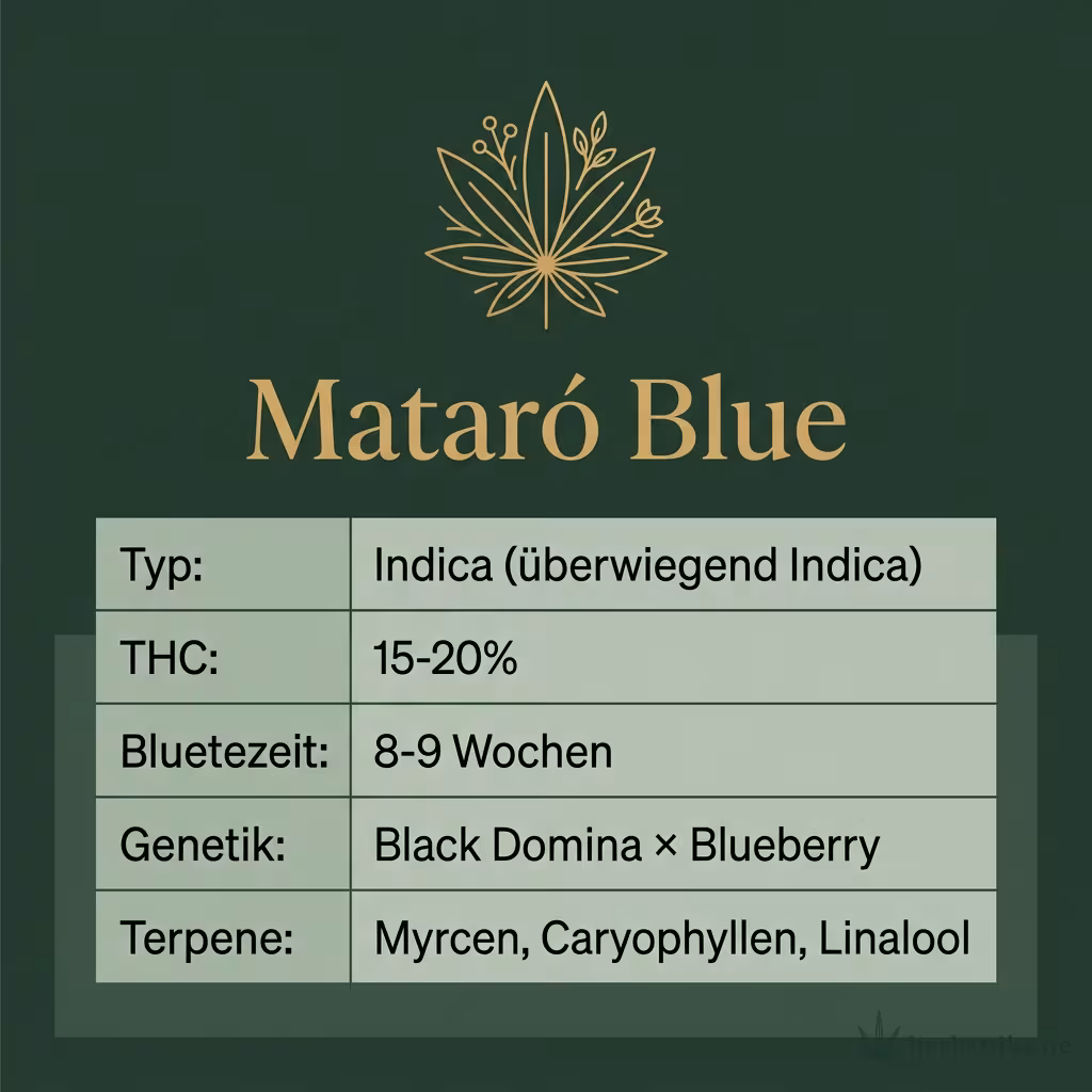 Infografik mit Mataró Blue Key Facts: Typ Indica (überwiegend Indica), THC 15-20%, Bluetezeit 8-9 Wochen, Genetik Black Domina × Blueberry und Terpene Myrcen, Caryophyllen, Linalool