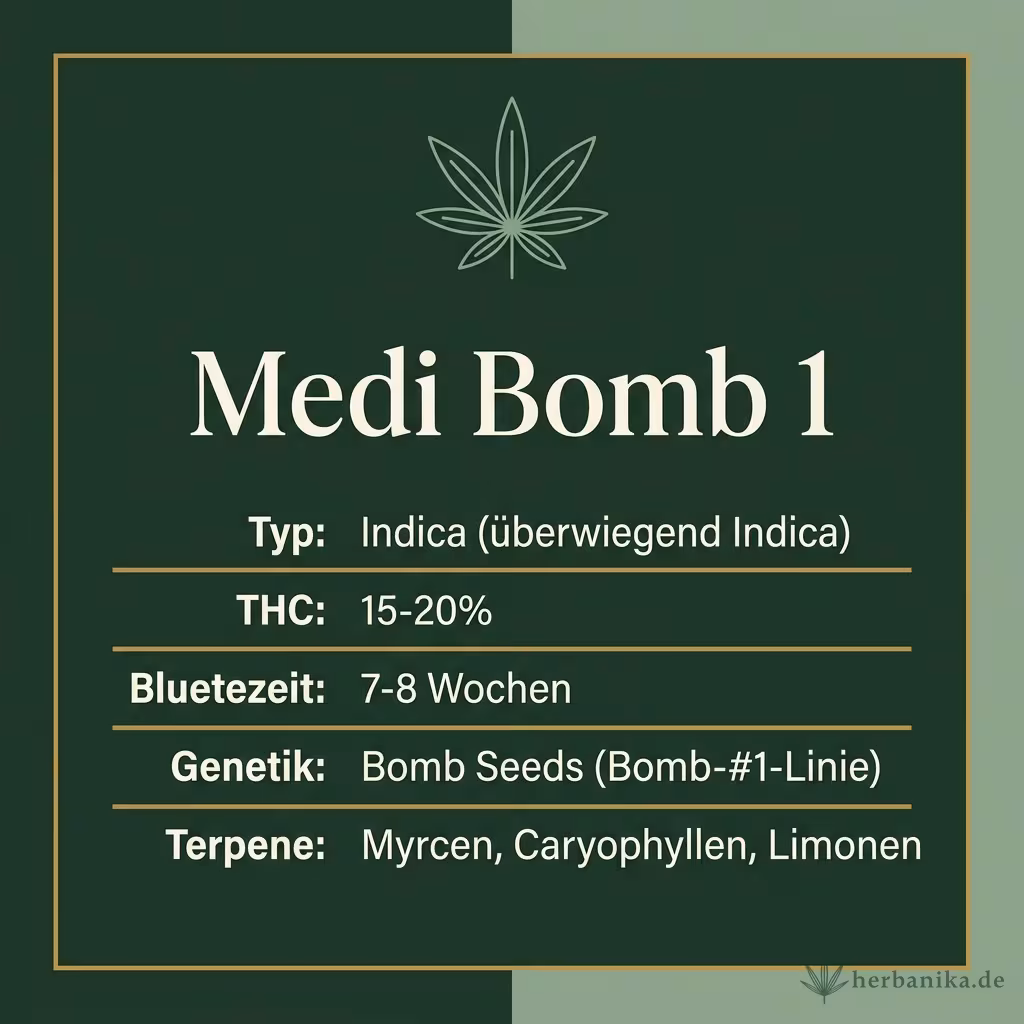 Infografik mit Medi Bomb 1 Key Facts: Typ Indica (überwiegend Indica), THC 15-20%, Bluetezeit 7-8 Wochen, Genetik Bomb Seeds (Bomb-#1-Linie) und Terpene Myrcen, Caryophyllen, Limonen