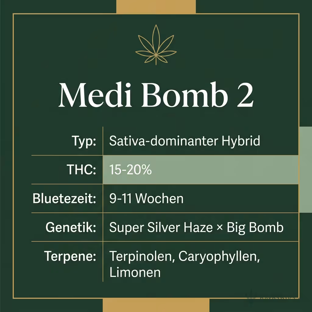 Infografik mit Medi Bomb 2 Key Facts: Typ Sativa-dominanter Hybrid, THC 15-20%, Bluetezeit 9-11 Wochen, Genetik Super Silver Haze × Big Bomb und Terpene Terpinolen, Caryophyllen, Limonen