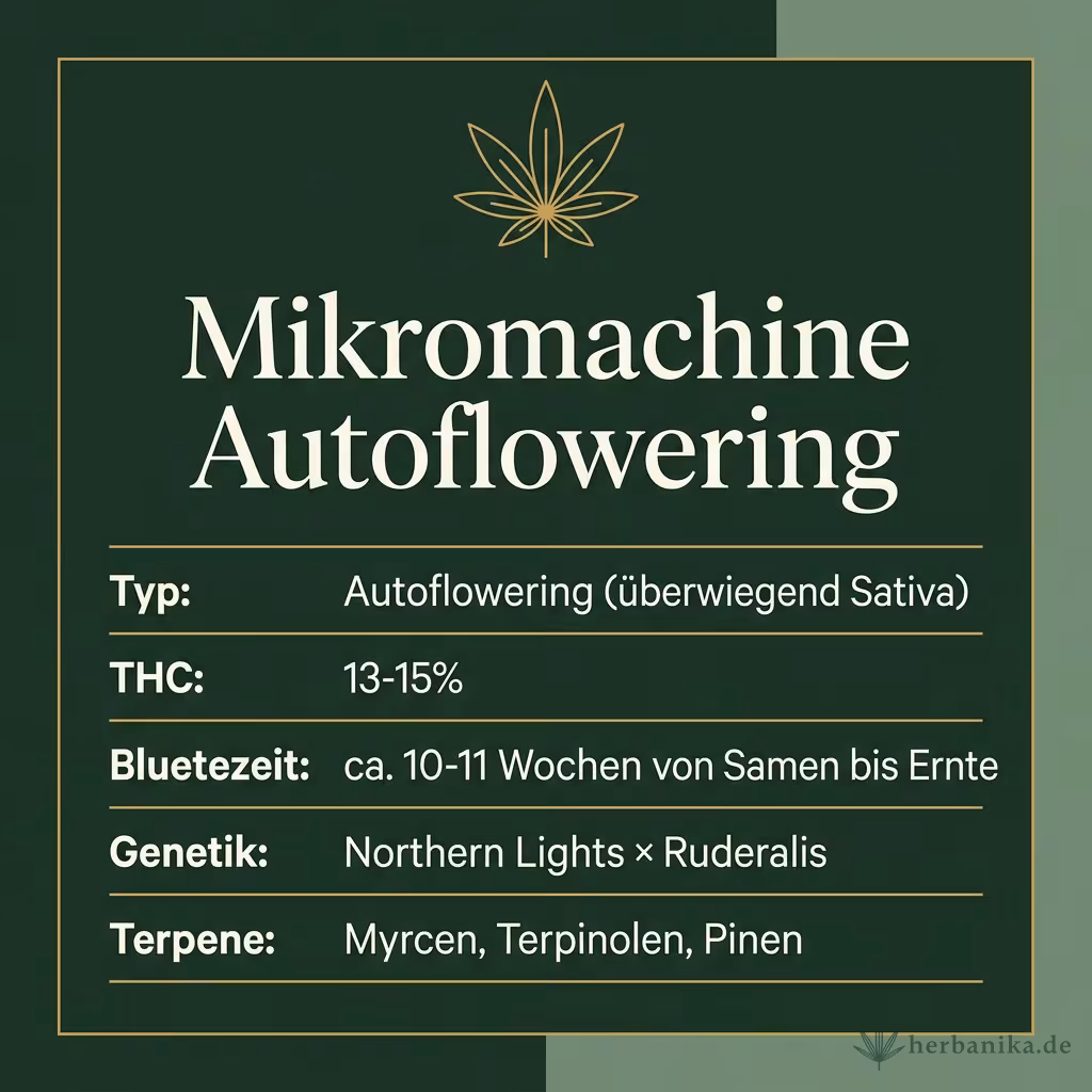 Infografik mit Mikromachine Autoflowering Key Facts: Typ Autoflowering (überwiegend Sativa), THC 13-15%, Bluetezeit ca. 10-11 Wochen von Samen bis Ernte, Genetik Northern Lights × Ruderalis und Terpene Myrcen, Terpinolen, Pinen