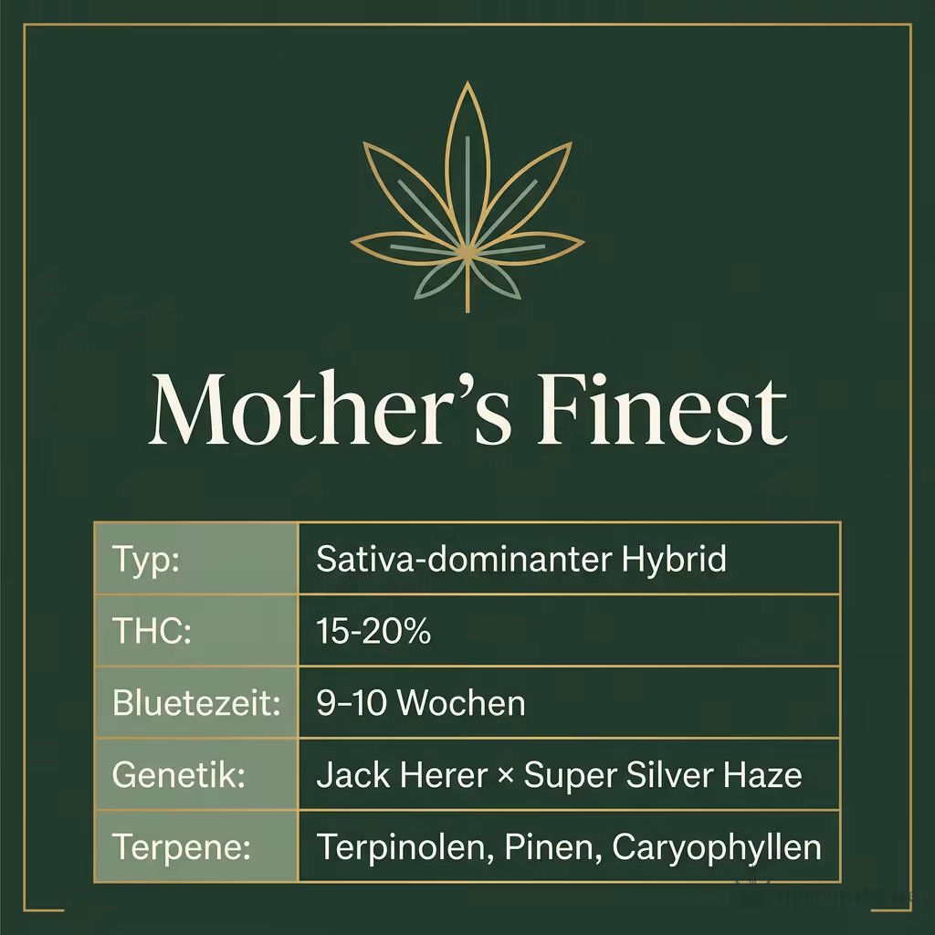 Infografik mit Mother's Finest Key Facts: Typ Sativa-dominanter Hybrid, THC 15-20%, Bluetezeit 9-10 Wochen, Genetik Jack Herer × Super Silver Haze und Terpene Terpinolen, Pinen, Caryophyllen