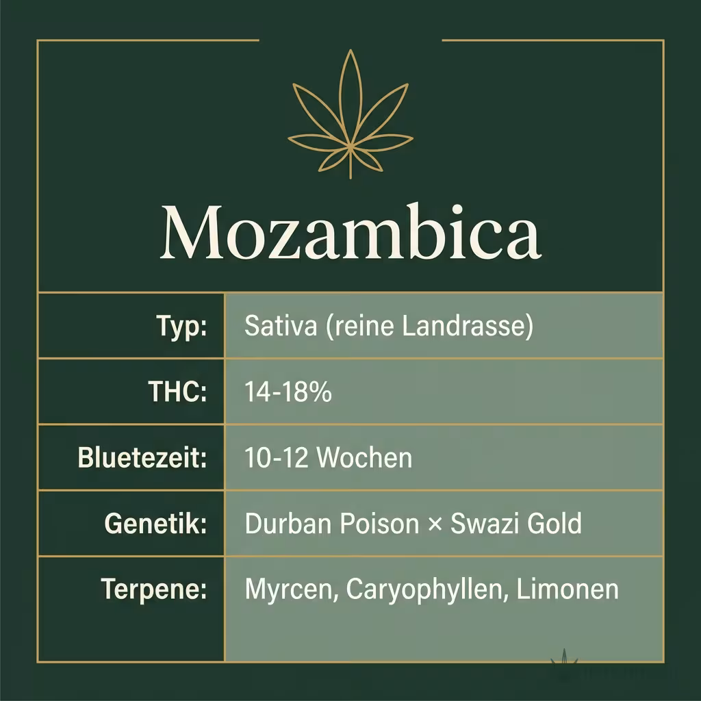 Infografik mit Mozambica Key Facts: Typ Sativa (reine Landrasse), THC 14-18%, Bluetezeit 10-12 Wochen, Genetik Durban Poison × Swazi Gold und Terpene Myrcen, Caryophyllen, Limonen