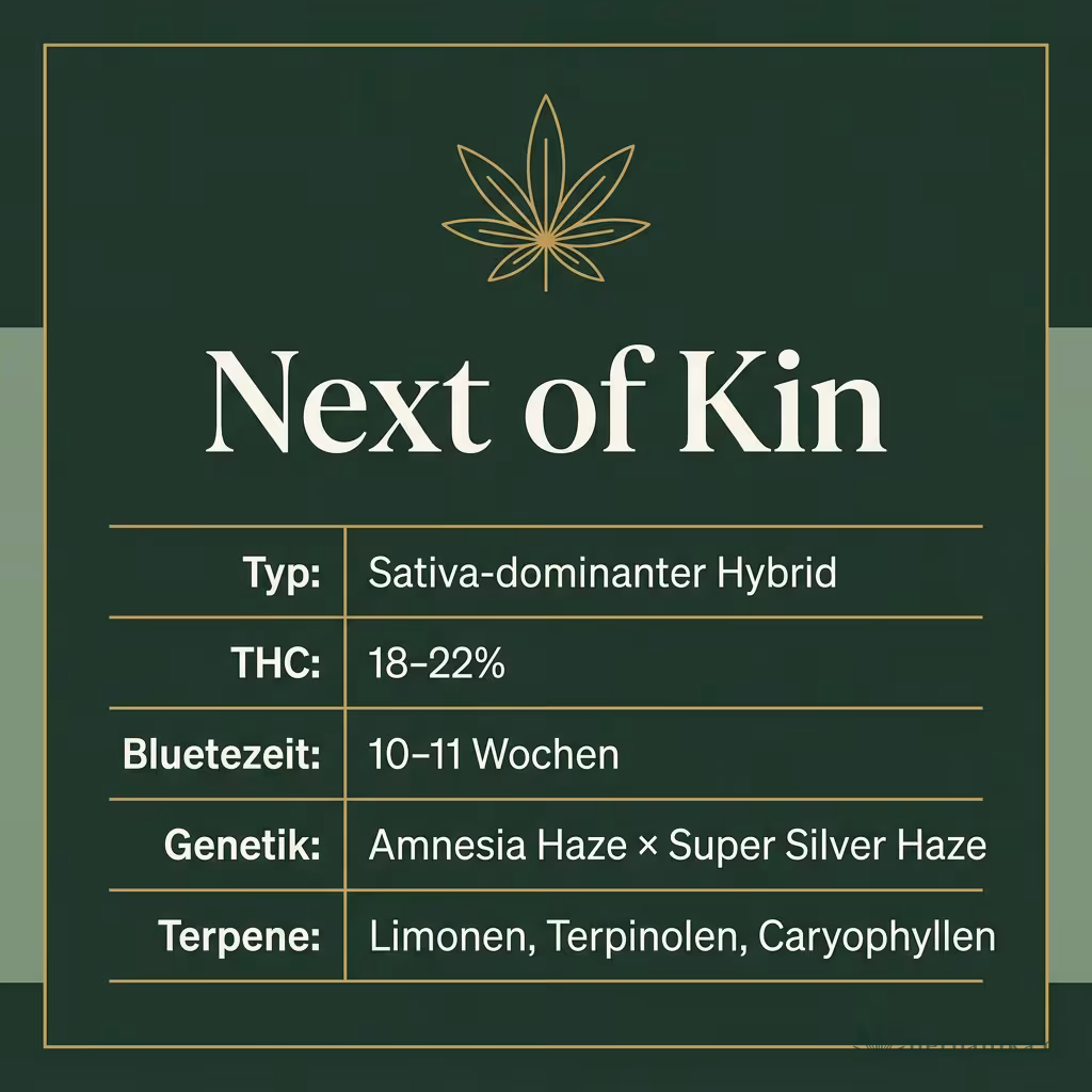 Infografik mit Next of Kin Key Facts: Typ Sativa-dominanter Hybrid, THC 18-22%, Bluetezeit 10-11 Wochen, Genetik Amnesia Haze × Super Silver Haze und Terpene Limonen, Terpinolen, Caryophyllen