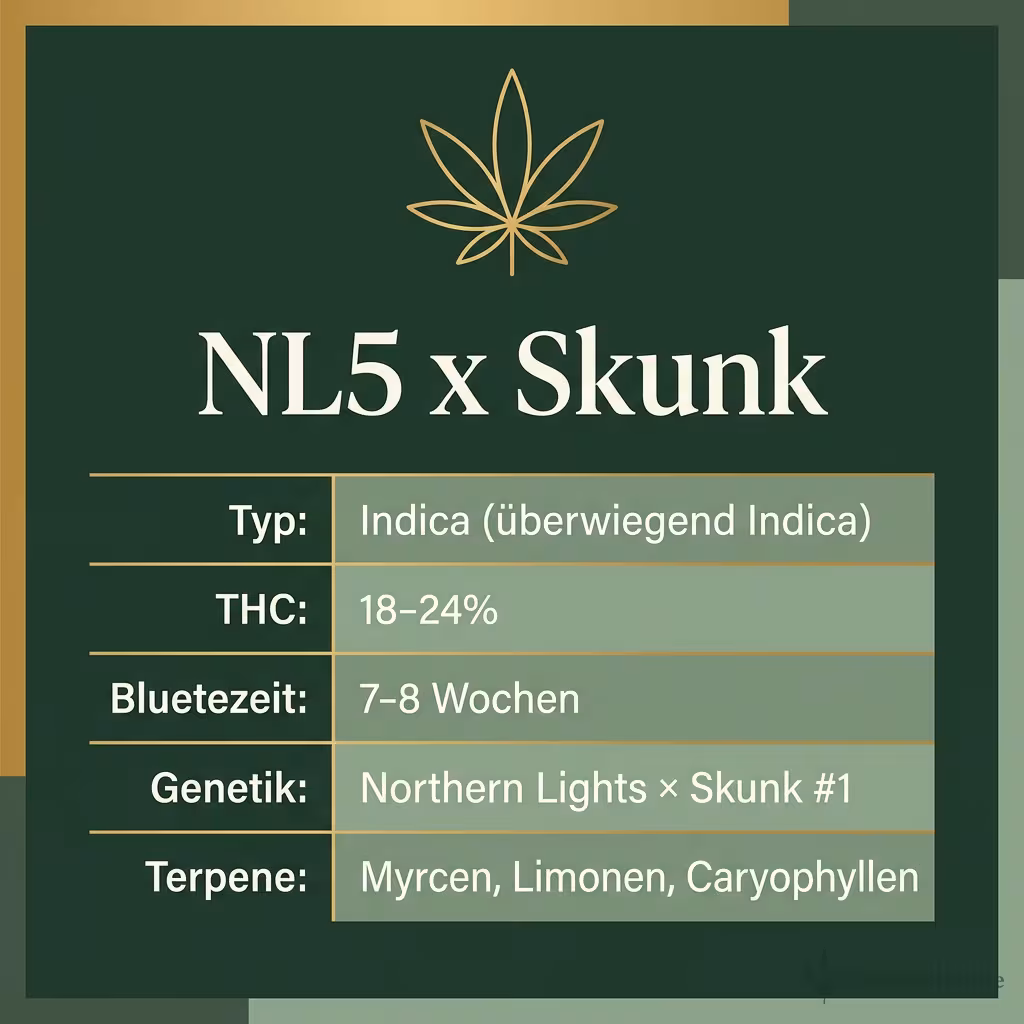 Infografik mit NL5 x Skunk Key Facts: Typ Indica (überwiegend Indica), THC 18-24%, Bluetezeit 7-8 Wochen, Genetik Northern Lights × Skunk #1 und Terpene Myrcen, Limonen, Caryophyllen