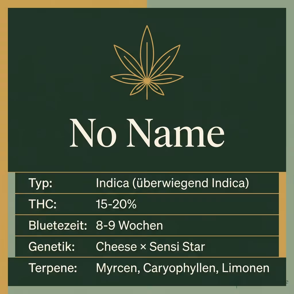 Infografik mit No Name Key Facts: Typ Indica (überwiegend Indica), THC 15-20%, Bluetezeit 8-9 Wochen, Genetik Cheese × Sensi Star und Terpene Myrcen, Caryophyllen, Limonen